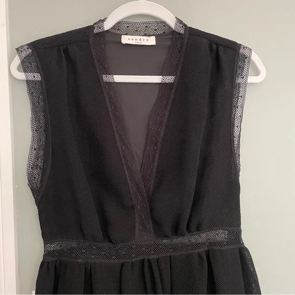 Sandro Paris Black Cocktail Plunging V-Neck Lace Trim Mini Fancy Party Dress